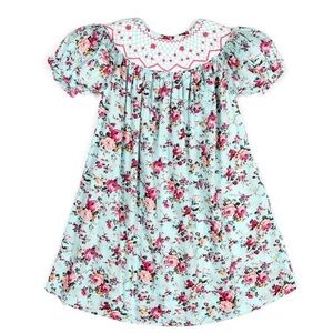 Smocked Floral Embroidered Bishop Dress 1520